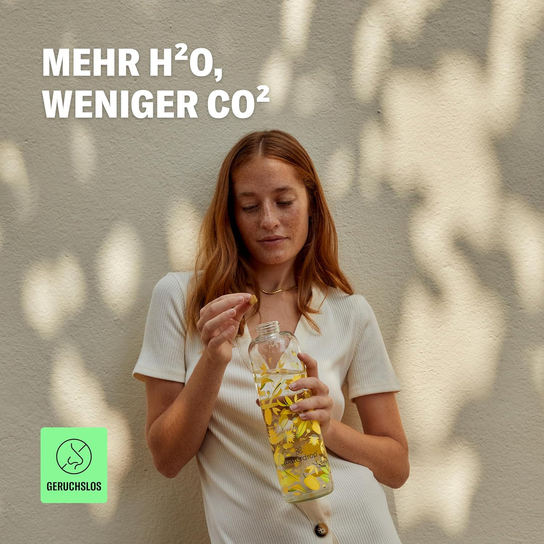 waterdrop® Edition Glass Bottle 600ml Trinkflasche Glas auslaufsicher, Kohlensäure geeignet | BPA fr