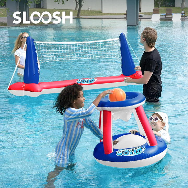JOYIN Aufblasbare Pool Float Set, Volleyballnetz & Basketballkörbe & Bälle für Kinder und Erwachsene