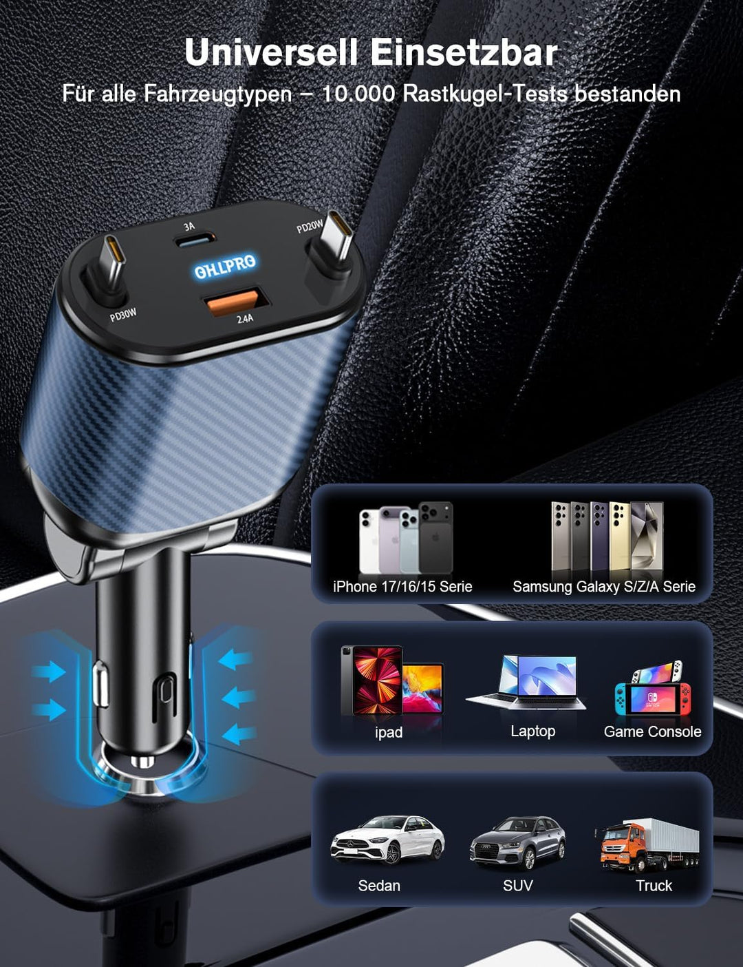 OHLPRO 4 in 1 Einziehbares Auto Ladegerät Zigarettenanzünder USB-C mit 2 Typ-C Kabel, Handy Schnelll