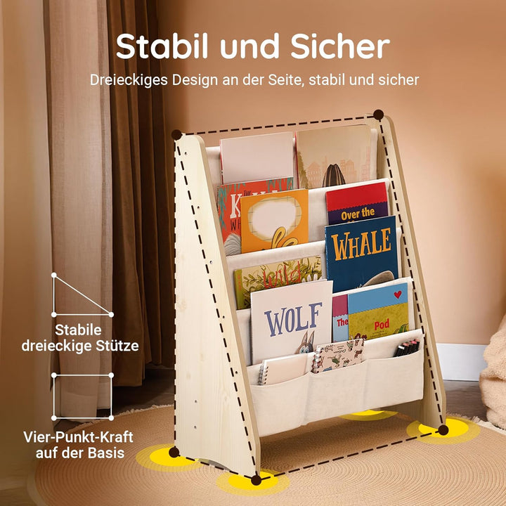 SoBuy Montessori Bücherregal Kinder Regal Kinderzimmer mit 4 Stofffächern Aufbewahrung Spielzeug & B
