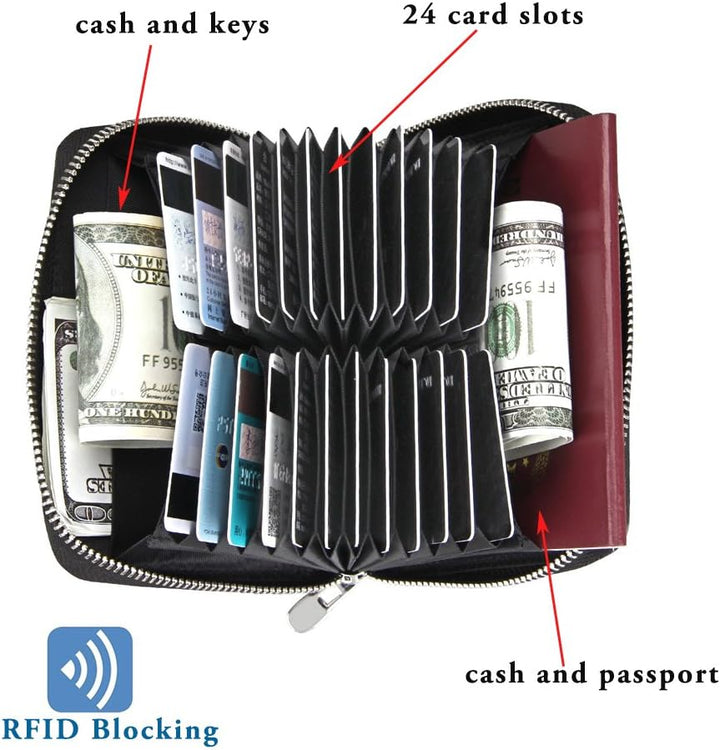 boshiho RFID-blockierendes Kreditkartenetui mit 24 Fächern, echtes Leder, mehrere Karten, Organizer,