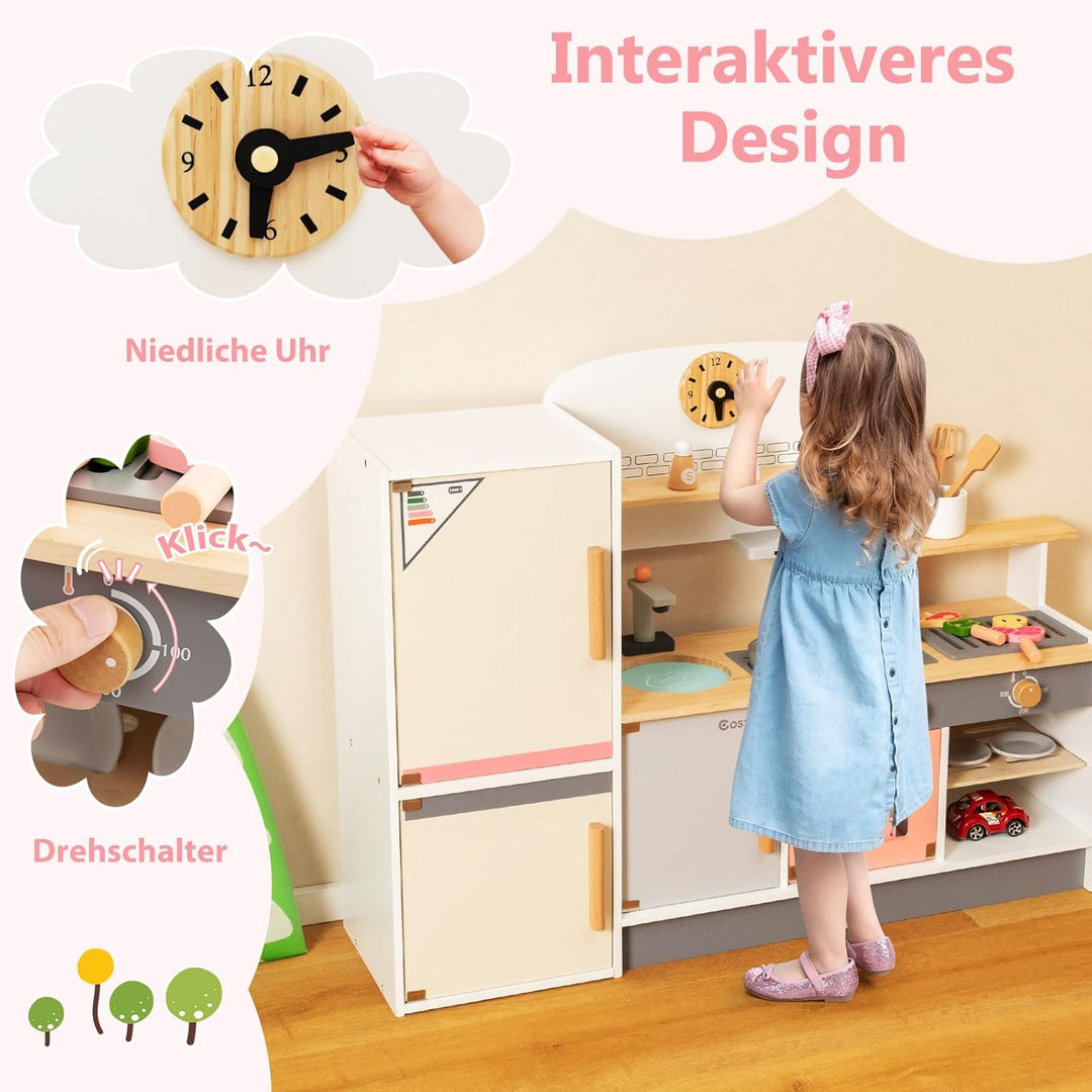 COSTWAY Kinderküche Holz, Spielküche mit Dustabzughaube, Kühlschrank, Wasserhahn & Küchenutensilien,