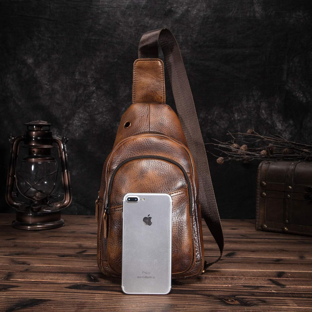 Le’aokuu Herren Echtes Leder Hüfttasche Brusttasche Bauchtsche Crossbody Bag Sling Bag Schultertsche