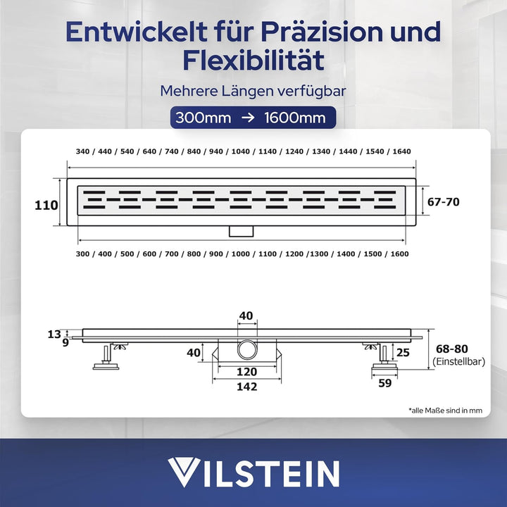 VILSTEIN Edelstahl Duschrinne 100cm, Komplettset extra flach, entnehmbares Haarsieb, Siphon mit Geru