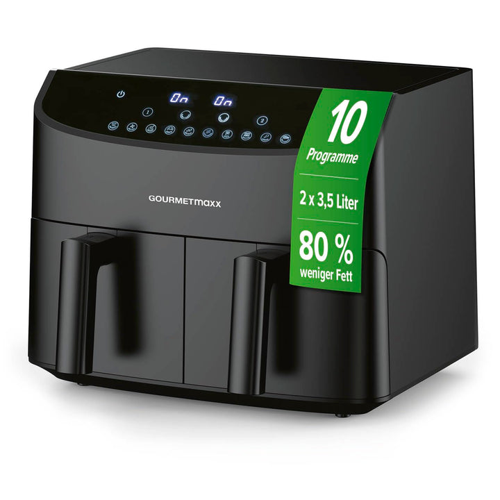 GOURMETmaxx Doppelkammer-Heissluftfritteuse 2x 3,5L - Schwarz | Airfryer + synchronisierte Garzonen,