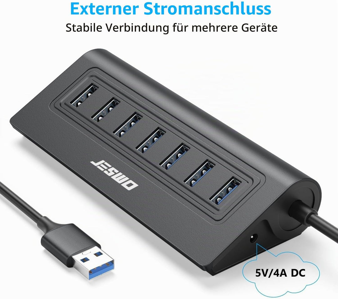 7-Port USB 3.0 Hub, Aluminium USB Verteiler 5Gbps Multiport Adapter mit 100cm Langkabel und 5V/4A St