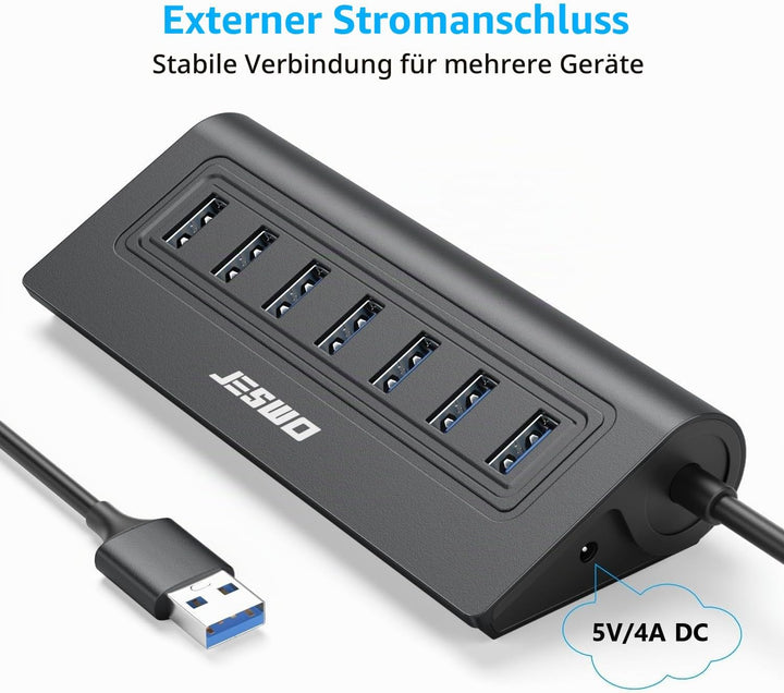 7-Port USB 3.0 Hub, Aluminium USB Verteiler 5Gbps Multiport Adapter mit 100cm Langkabel und 5V/4A St