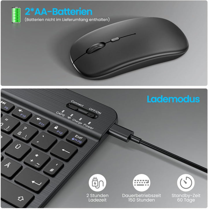 PINKCAT Bluetooth Tastatur Maus Set, Deutsches QWERTZ Layout Slim Wiederaufladbare Tastatur mit inte