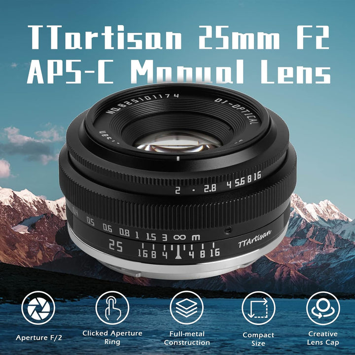 TTartisan 25mm F2 X Mount Objektiv, APS-C Manueller Fokus Weitwinkel Objektiv für Fuji X Mount, Komp