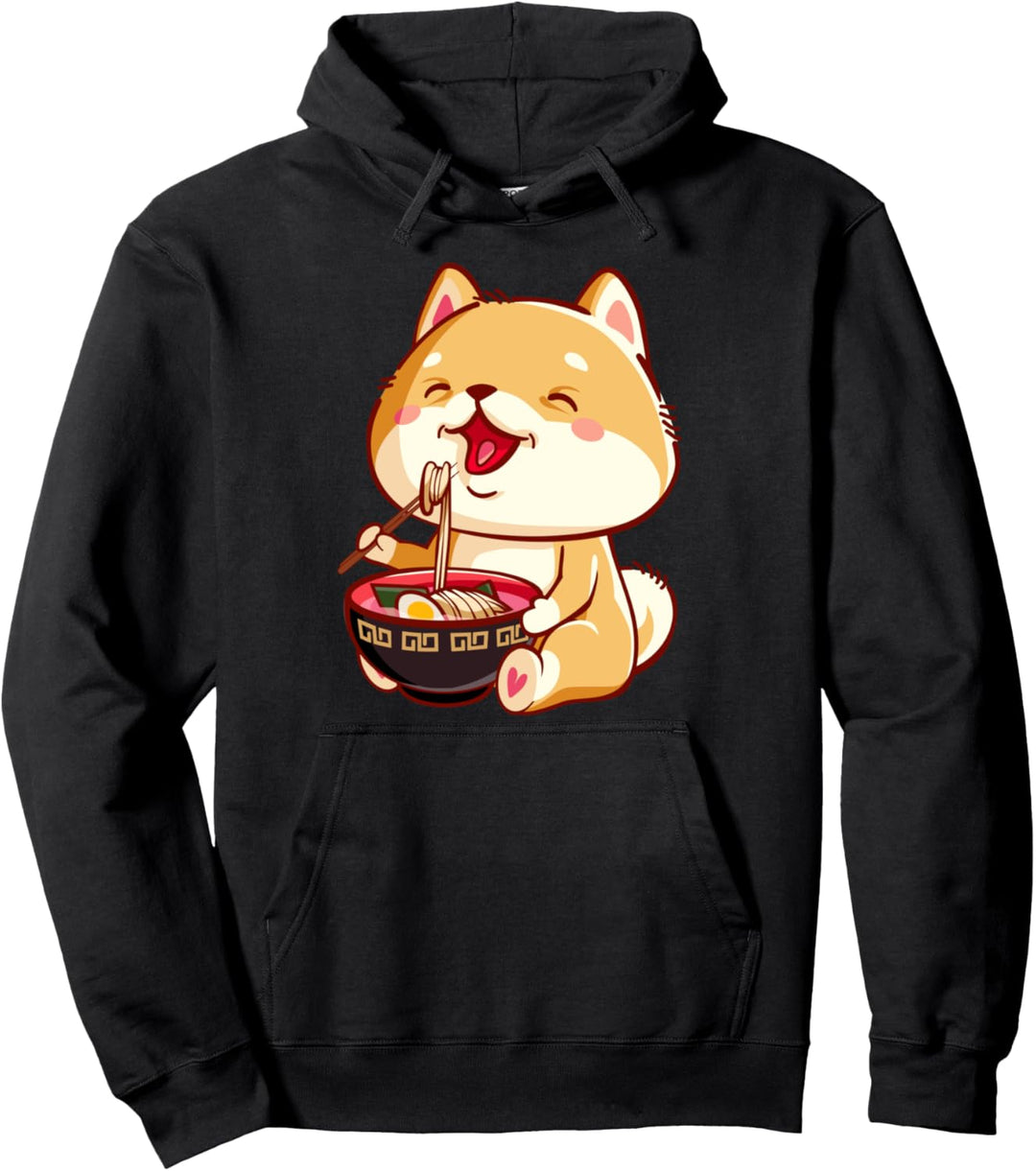 Shiba Inu Eats Ramen Noodles Funny Japanese Anime Pullover Hoodie