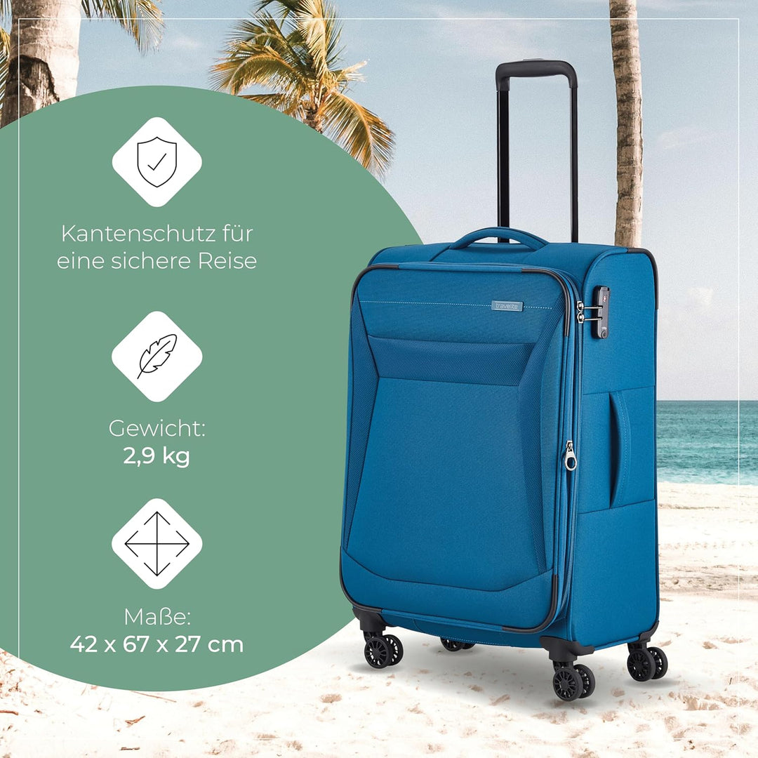 travelite 4-Rad Koffer Grösse M Weichschale, Gepäck Serie CHIOS mit Dehnfalte + Kantenschutz, Trolle