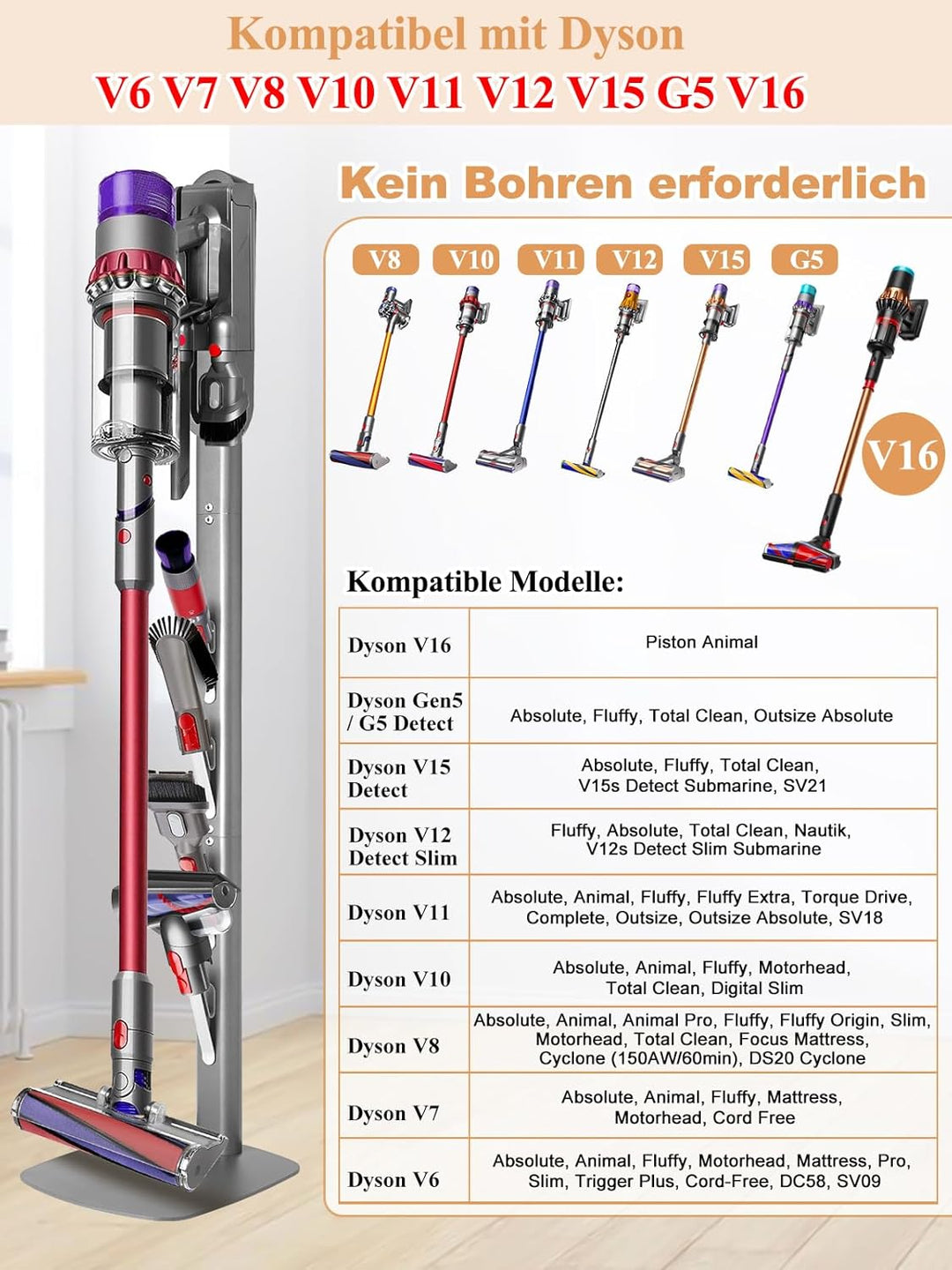 Staubsauger Ständer – Kompatibel mit Dyson Gen5, V15, V12, V11, V10, V8, V7, V6 Silber, Silber