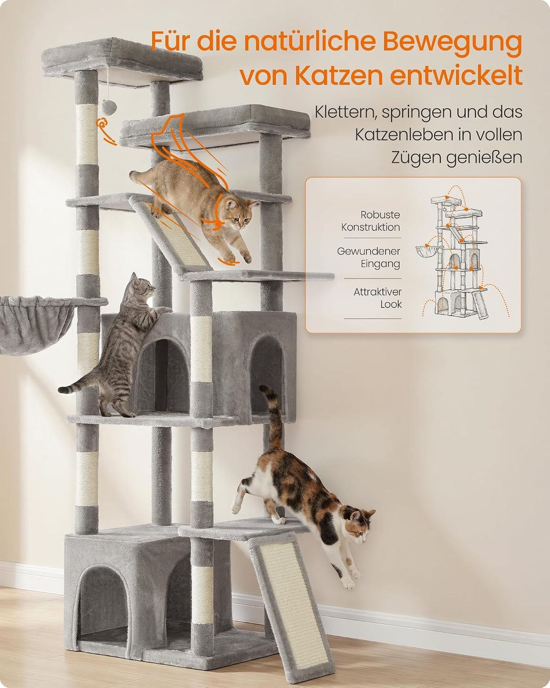 Feandrea Kratzbaum gross, 184,5 cm hoch, Katzenbaum, Katzenkratzbaum, mit 7 Kratzsäulen, 2 Kratzbret