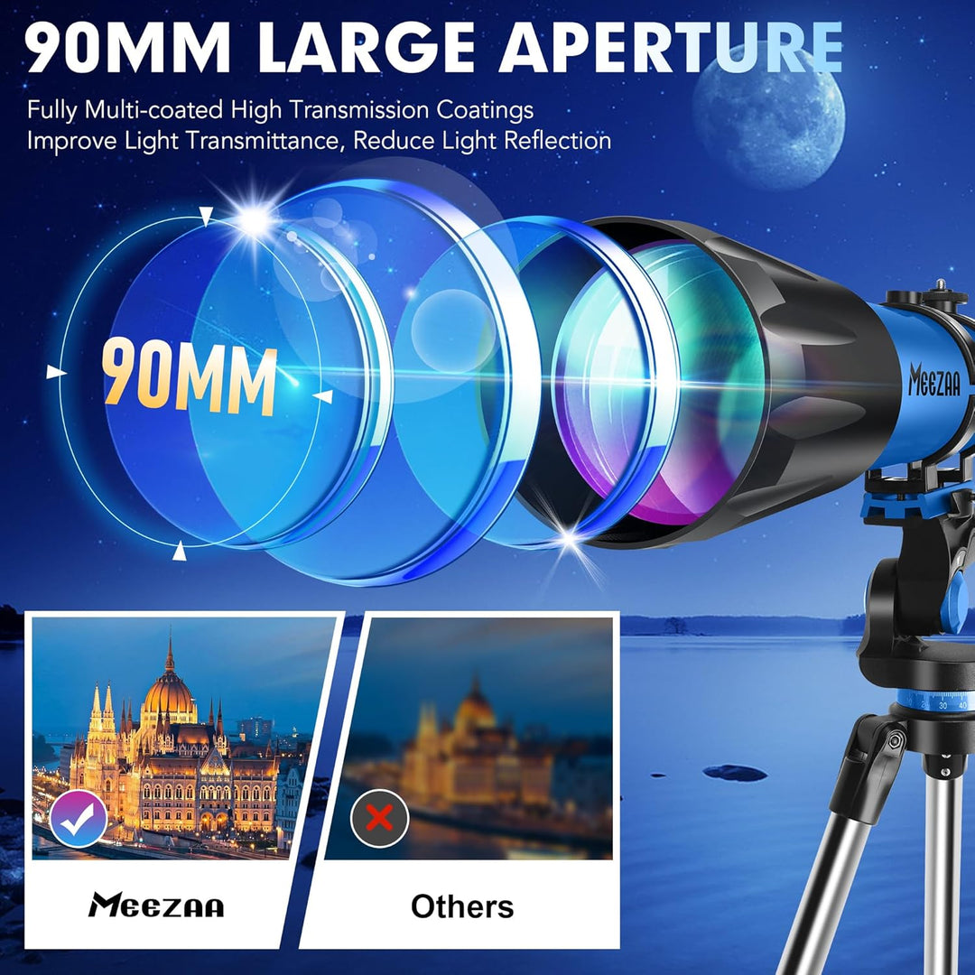 MEEZAA Teleskop, Teleskop Astronomie Profi für Erwachsene, 90mm Blende 800mm AZ Mount Astronomisches