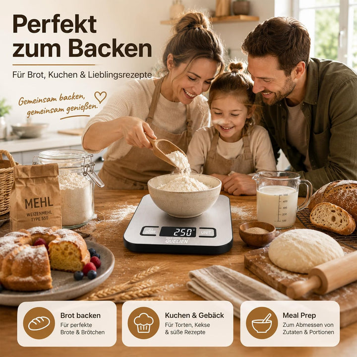 Digitale Küchenwaage Aus Edelstahl, USB-Aufladbar, 5 kg/1 g Präzision, 6 Einheiten, Tara-Funktion, L