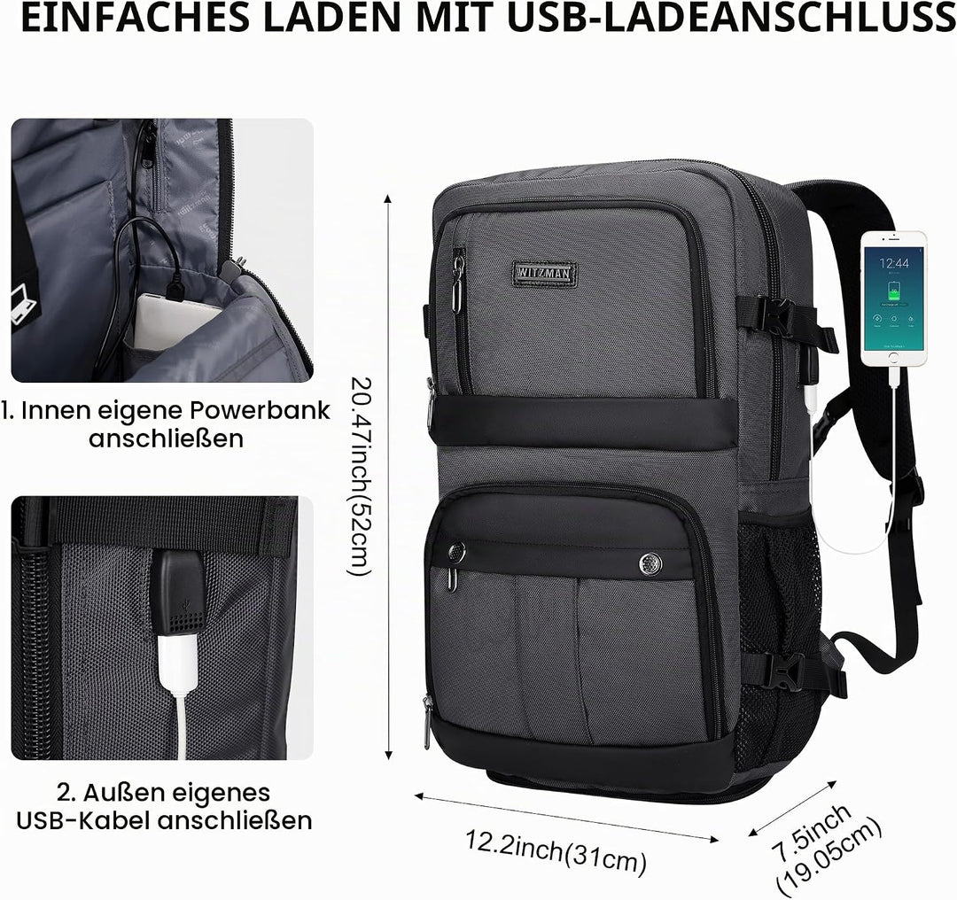 WITZMAN Reiserucksack Herren Damen Gross Laptop Rucksack 15.6-17 Zoll mit USB-Ladeanschluss Flugzeug