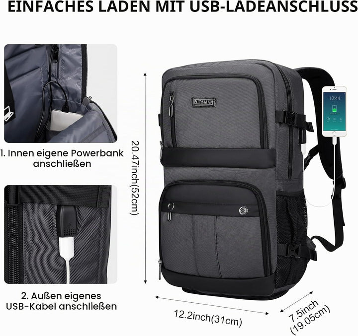 WITZMAN Reiserucksack Herren Damen Gross Laptop Rucksack 15.6-17 Zoll mit USB-Ladeanschluss Flugzeug