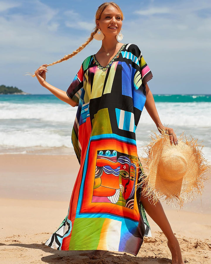 Bsubseach Lose Kaftan Kleider für Frauen Kurzarm Badeanzug Cover Up Casual Urlaub Outfits Bunt Geome