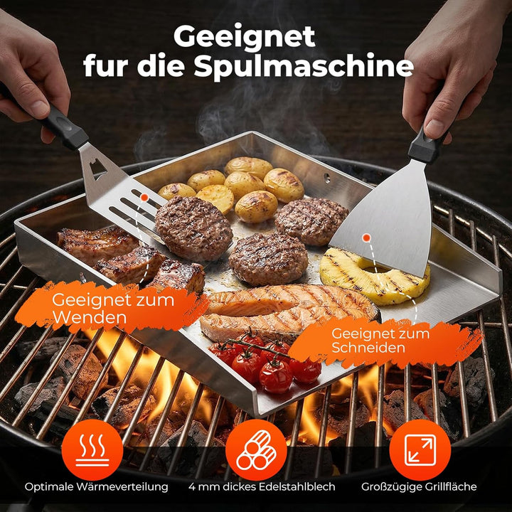 Plancha Grillplatte 40 x 30 cm, 4mm Edelstahl Platte hitzebeständig &amp; verformungsfrei, mit Grillspac