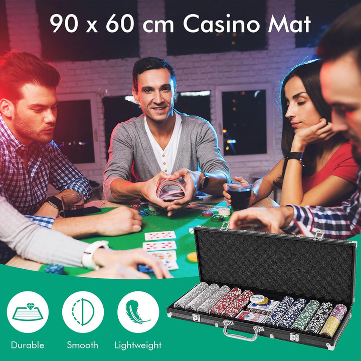 HOMASIS Pokerset mit 500 Chips, Alu Pokerkoffer mit 2 Kartendecks, 5 Würfeln, 3 Dealer Button & Matt
