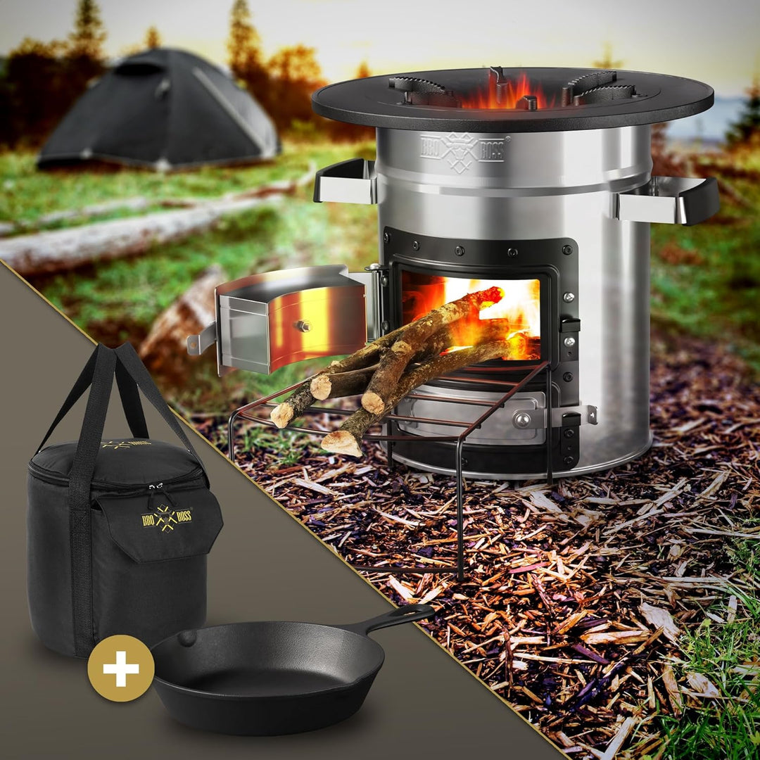 BBQ#BOSS Raketenofen mit Grillpfanne, Tragetasche, Silber, Edelstahl, Gusseisen Grillplatte, Camping