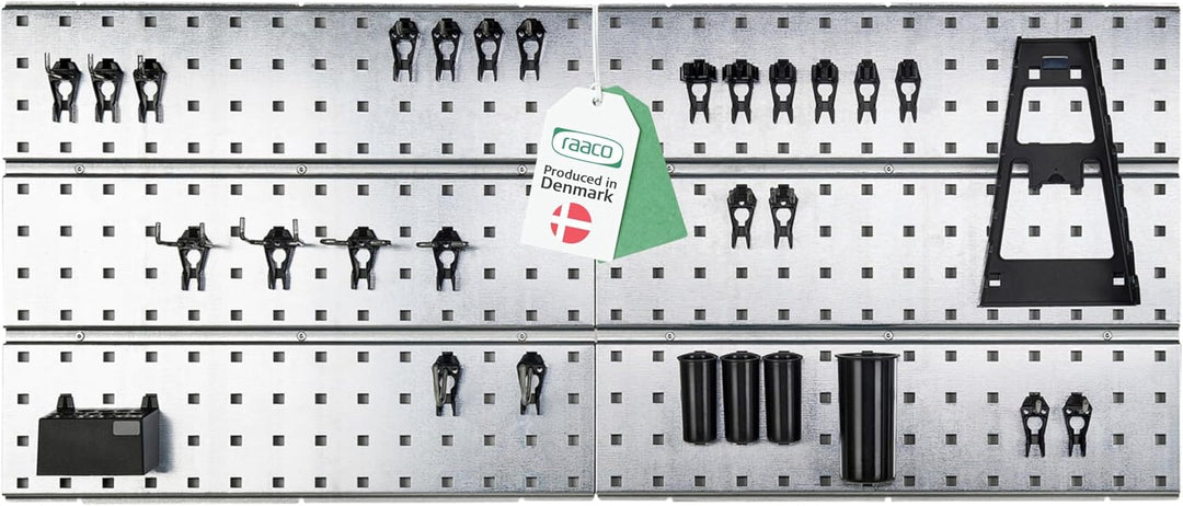 raaco 2 TWP Set Verzinkte Werkzeugwand - Lochwand Werkstatt mit 28 SuperClips, 104 x 44 cm, 150 kg T
