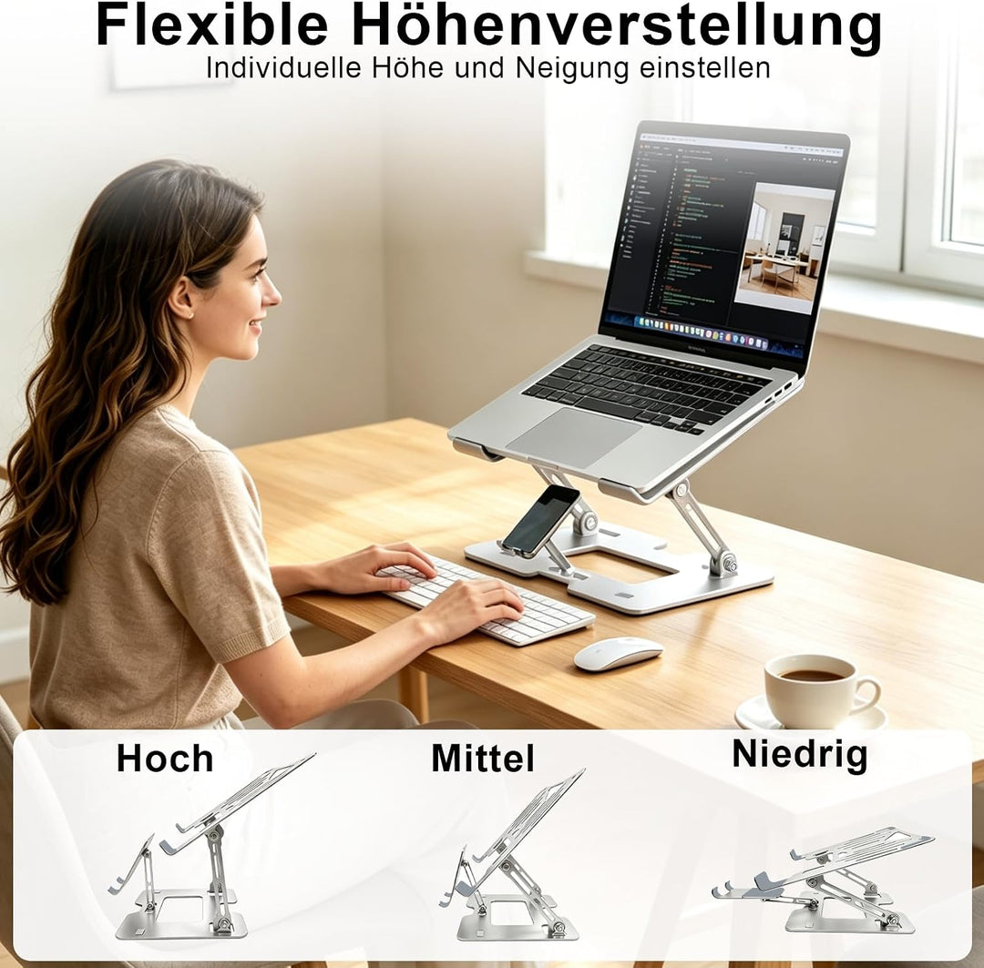 Laptop Ständer Höhenverstellbar mit integriertem Handyhalter platzsparend klappbar ergonomische Lapt
