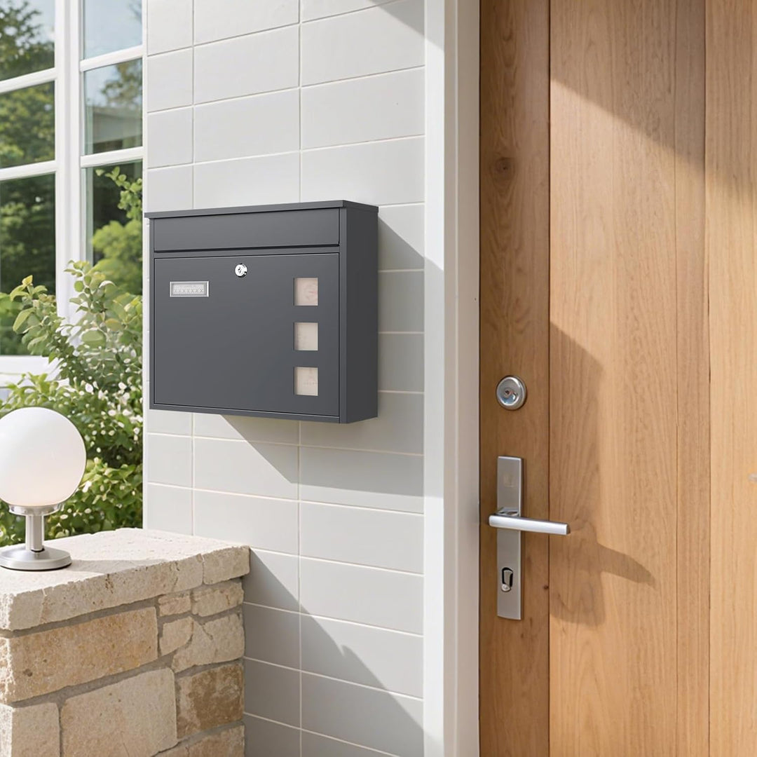 Wiltec Briefkasten V12 Anthrazit 360 x 115 x 320 mm, Wandbriefkasten mit Schloss, Sichtfenstern und
