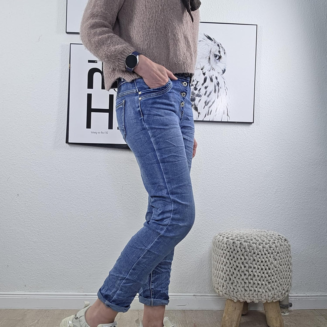 Karostar Damen Boyfriend Stretch Jeans mit offener Knopfleiste L Denim Middle Blue, L Denim Middle B