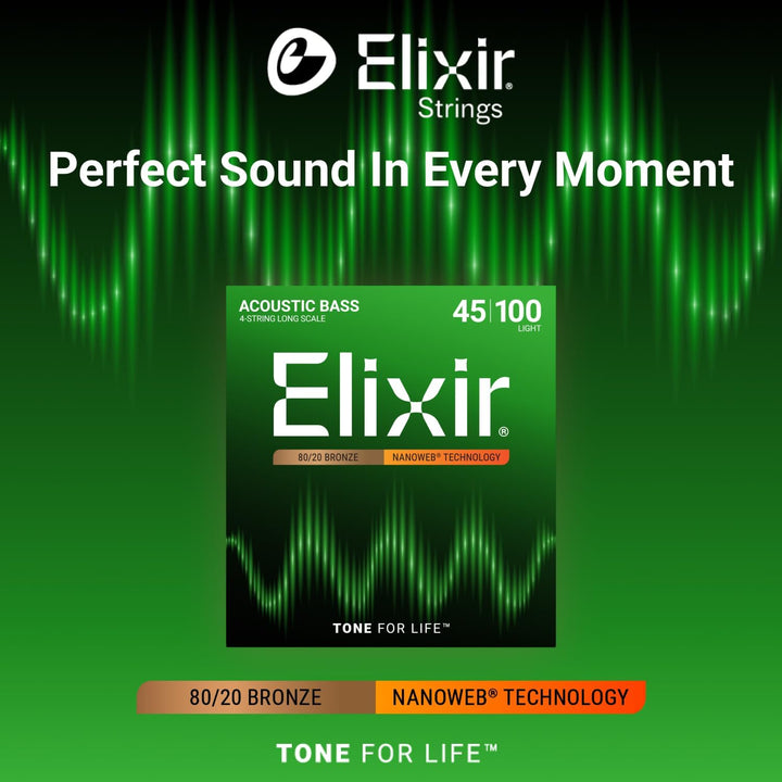 Elixir® Saiten 80/20 Bronze-Akustik 4-str. Basssaiten mit NANOWEB® Beschichtung, Long Scale, Light (