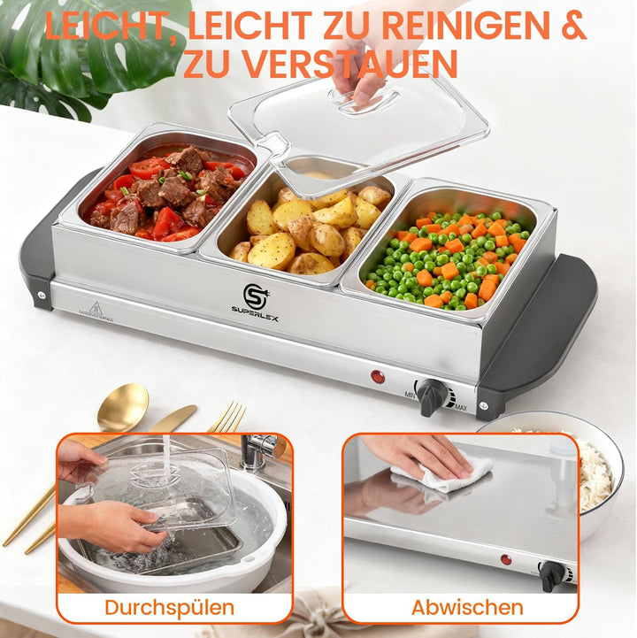 2in1 Warmhalteplatte und Buffetwärmer aus Edelstahl 200W mit 3x1,5L Speisebehältern Gleichmässige Wä