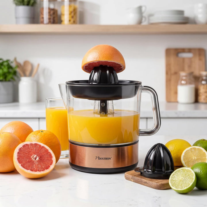 Bestron elektrische Zitrus- & Orangenpresse, inkl. 2 Presskegel und Aromadeckel, Motor mit zwei Dreh