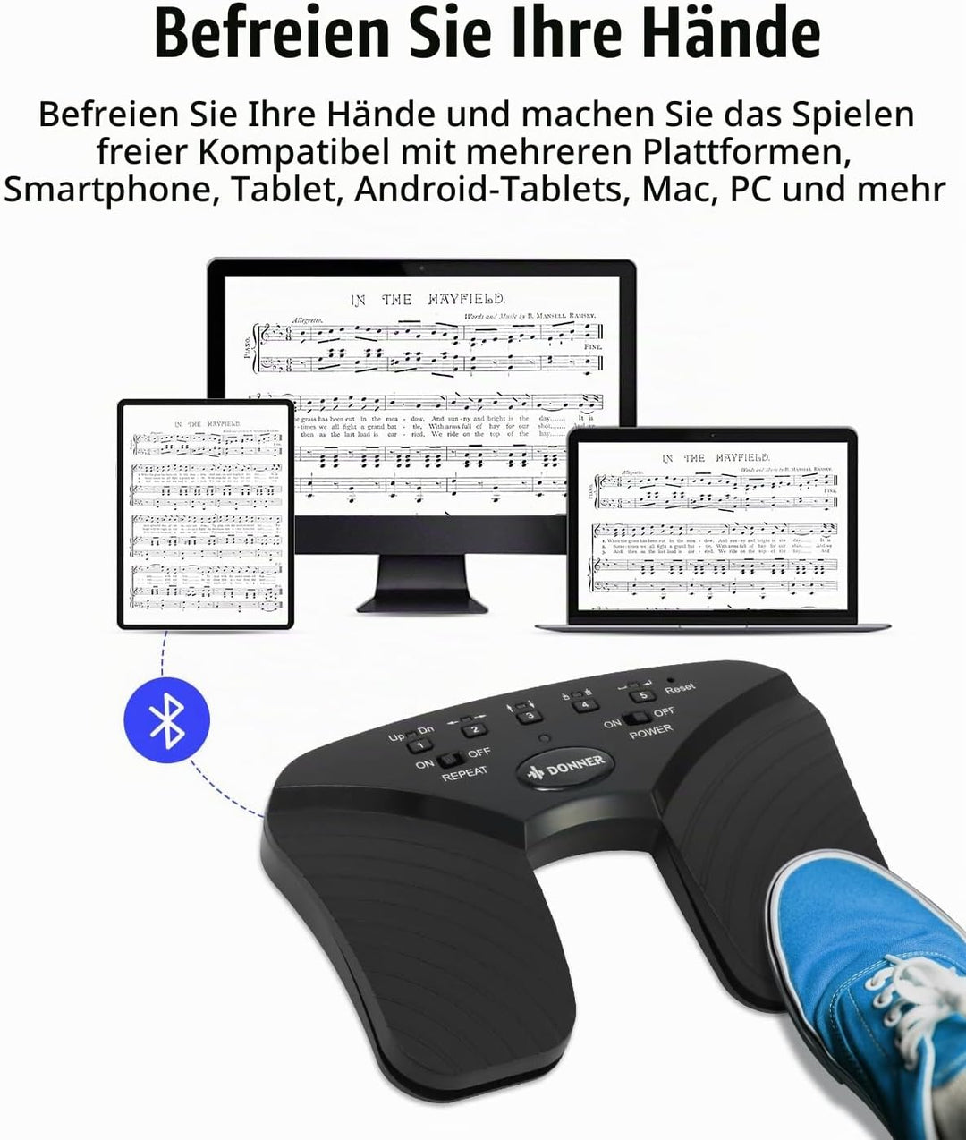 Donner Wireless Page Turner Pedal, wiederaufladbare Musik Page Turner Fusspedal für Tablets Telefon,