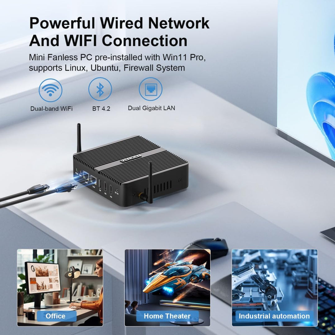 VENOEN Mini PC Industrie 12th Gen J6412 Prozessor, Lüfterlos Mini PC mit WIN11 Pro, 8GB DDR4 256GB S