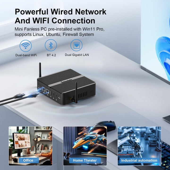 VENOEN Mini PC Industrie 12th Gen J6412 Prozessor, Lüfterlos Mini PC mit WIN11 Pro, 8GB DDR4 256GB S