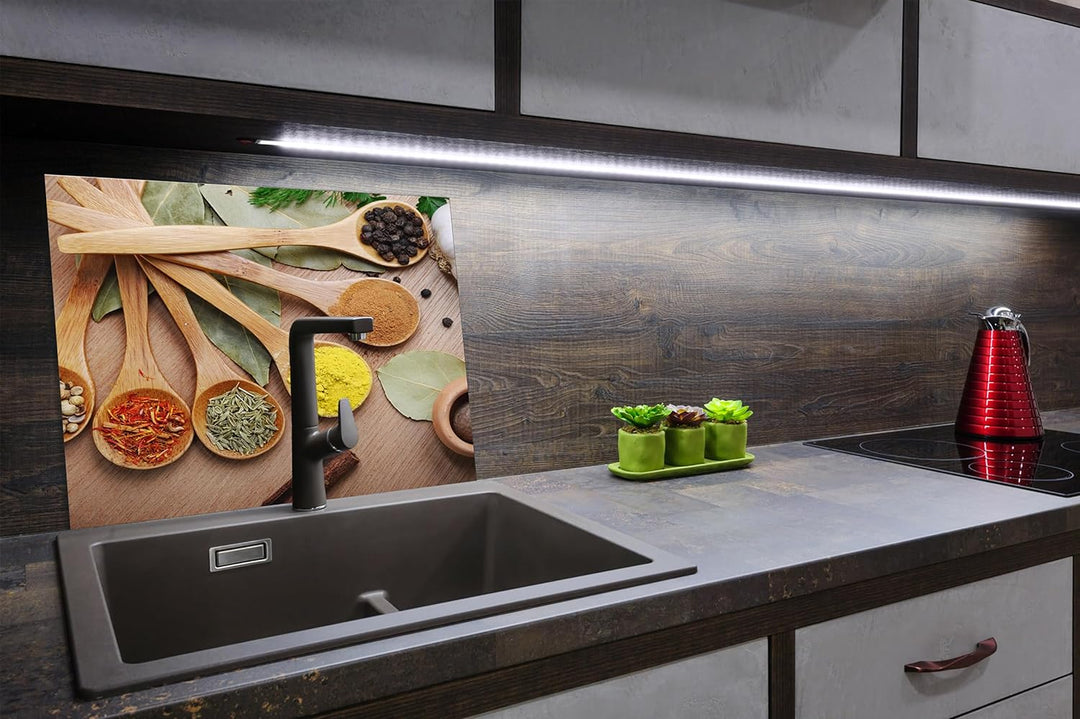 SmartDecoration Herdabdeckplatte Ceranfeldabdeckung aus Glas 60x52 cm Einteilig Motiv "Gewürze" Holz