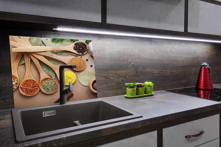 SmartDecoration Herdabdeckplatte Ceranfeldabdeckung aus Glas 60x52 cm Einteilig Motiv "Gewürze" Holz