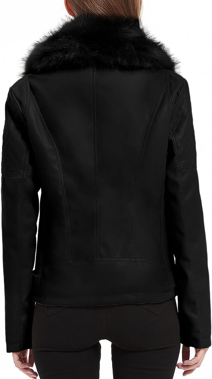 Giolshon Damen Kunstlederjacke Moto Biker Warme Winterjacket mit Kunstpelzkragen, XL