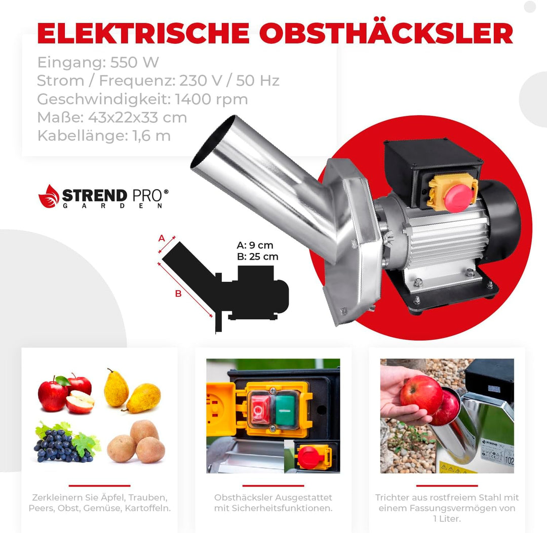 STREND PRO Obsthäcksler Edelstahl mit 550W/1400rpm motor - Obsthäcksler Elektrisch fur Kartoffeln/Ob