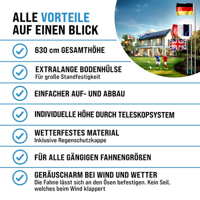 Monzana Aluminium Teleskop Fahnenmast 6,30m Bodenhülse 60cm inkl Deutschlandfahne Flaggenmast Mast F