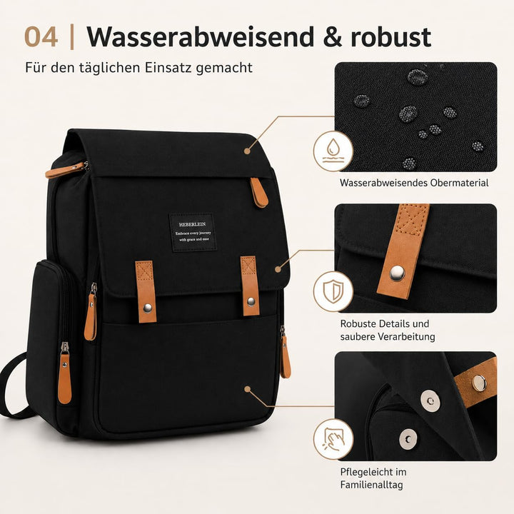 Heberlein Prestige Baby Wickelrucksack - grosse Wickeltasche für Mama &amp; Papa, wasserabweisend mit vi