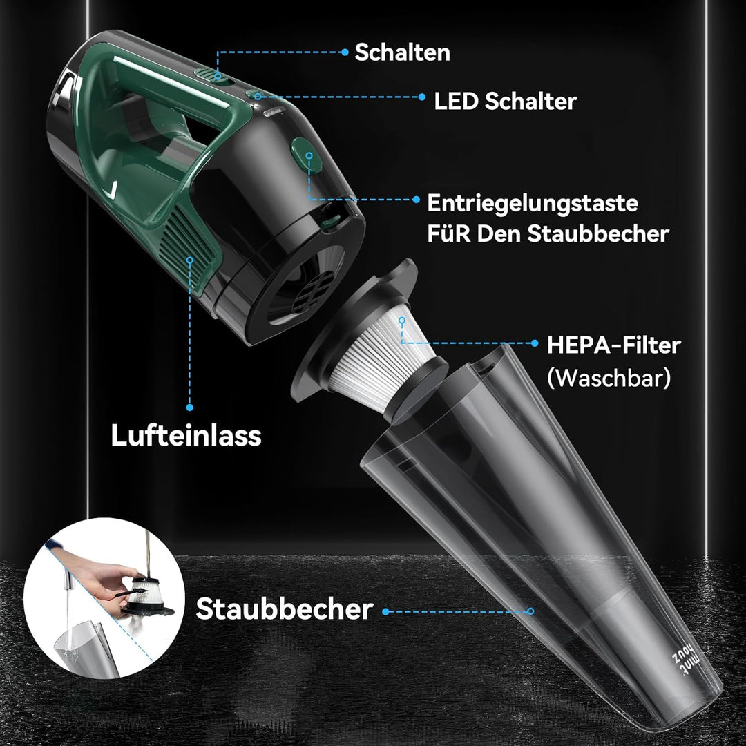 Minthouz Handstaubsauger Akku 9000PA, 120W Autostaubsauger LED-Licht, 30 Min Laufzeit Schnellladung,