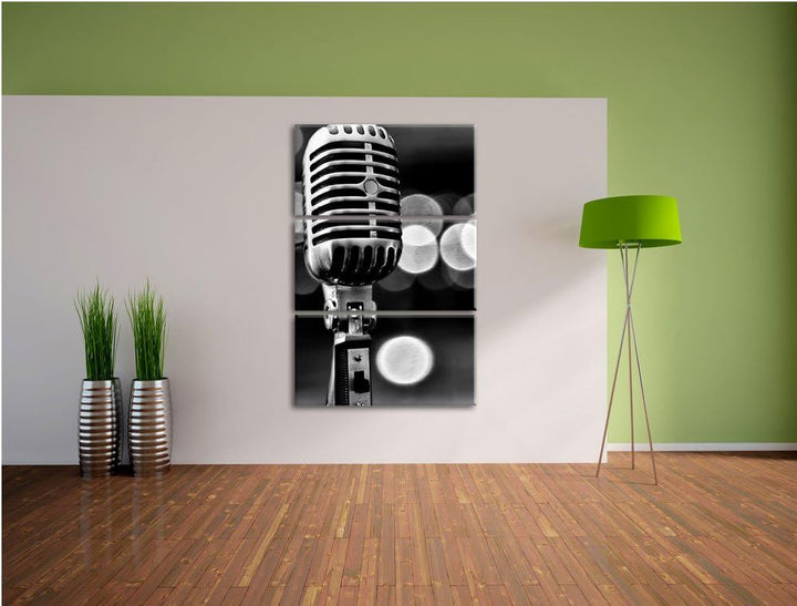 Pixxprint Altes Retro Mikrofon als Leinwandbild/Grösse: 3 Teilig (120x80 cm) cm/Wandbild/Kunstdruck/