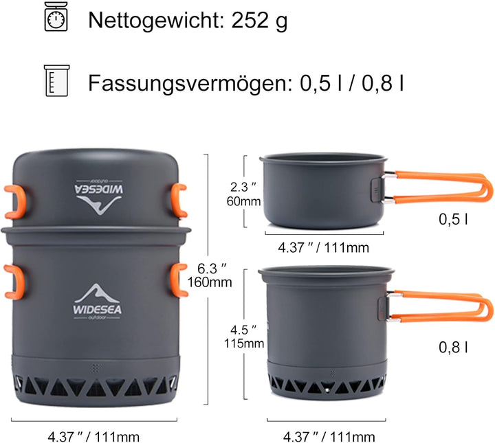 widesea Camping Kochgeschirr Outdoor Topf Pfanne Kochgeräte Wärme-Design für Wandern für 1 Person, f