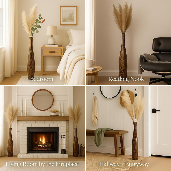 Leewadee Grosse Bodenvase für Dekozweige hohe Standvase Design Holzvase, Holz, 70 cm, Braun Hellbrau