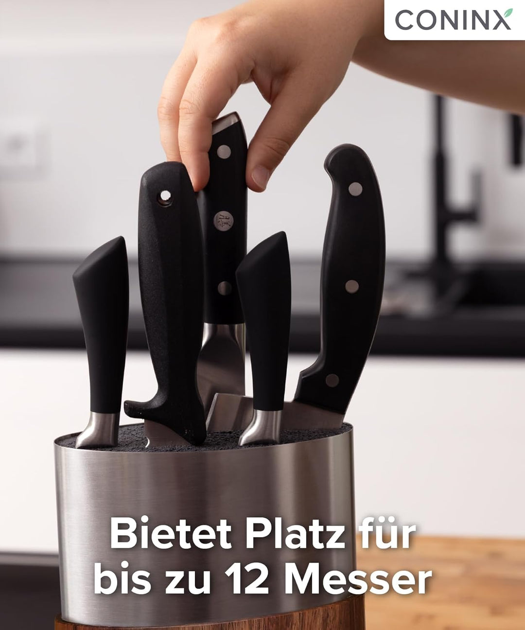 Coninx Messerblock Edelstahl Oval mit Akazieneinsatz – Moderner Universal Messerhalter für Küchenarb