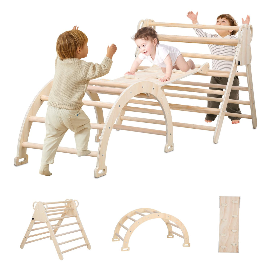 Klettergerüst Indoor, 3-in-1 Klettergerüst mit Bogen/Rutsche/Dreieck, Lernspielzeug für 2-8 Jahre, S