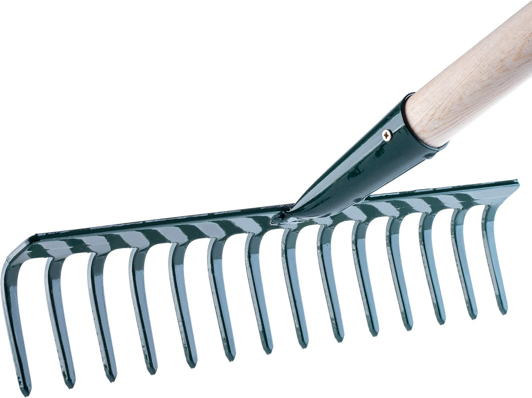 KADAX Rechen aus Metall, Flache Harke mit Stiel aus Holz, Laubbesen für Garten, Beet, Laubrechen, Ra