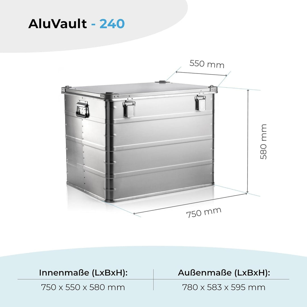 AluVault 240L – Alubox mit Deckel, Aluminium Aufbewahrungsbox, Alukiste, Spritzwassergeschützt, Stau