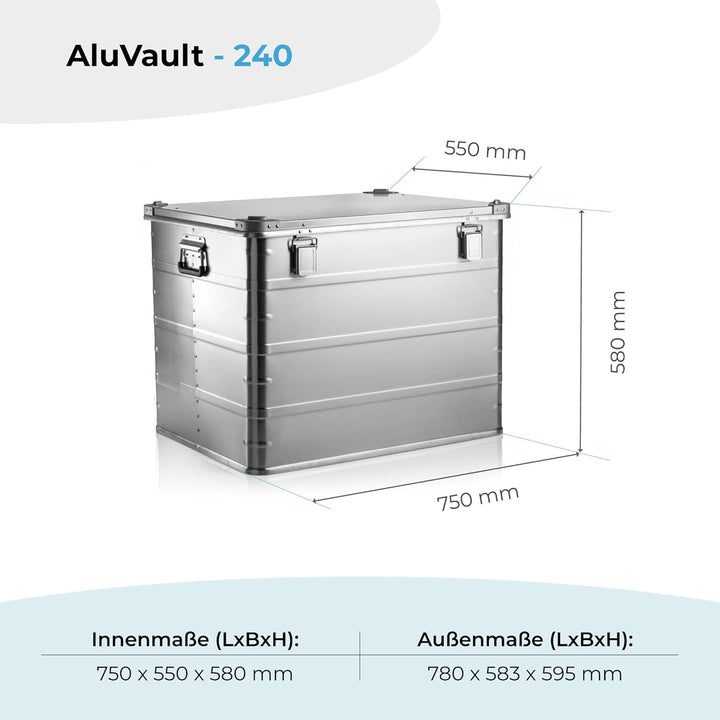 AluVault 240L – Alubox mit Deckel, Aluminium Aufbewahrungsbox, Alukiste, Spritzwassergeschützt, Stau